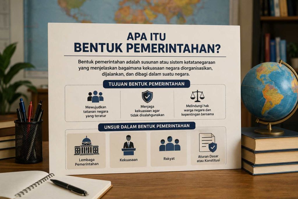 Ilustrasi gedung pemerintahan dan bendera negara yang menggambarkan pengertian bentuk pemerintahan sebagai sistem pengaturan kekuasaan dalam suatu negara di dunia.
