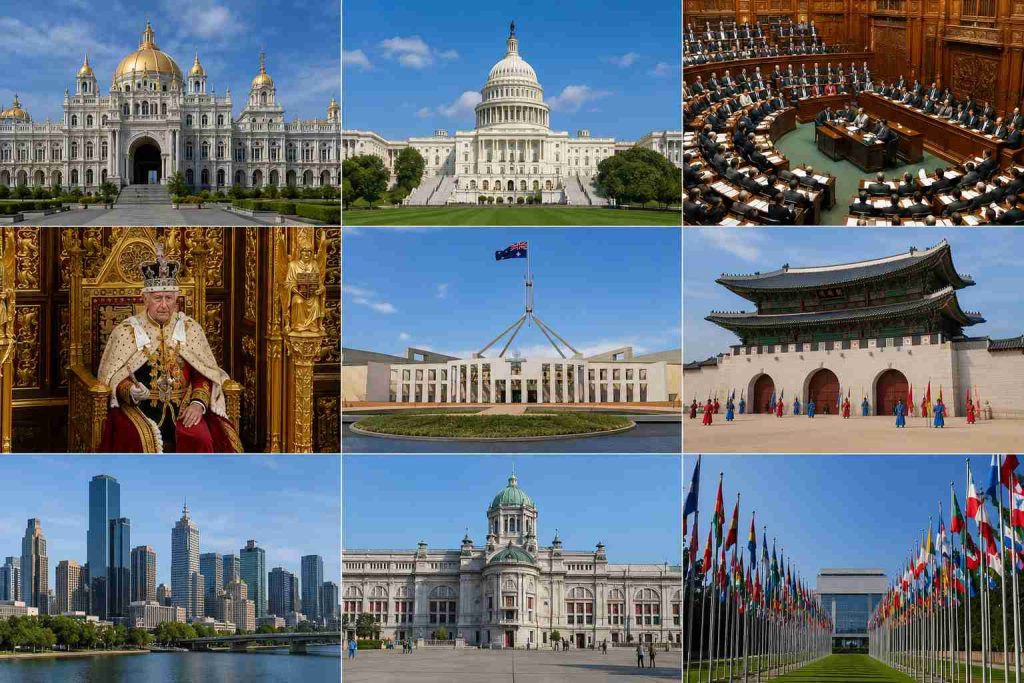 Beragam gedung dan simbol pemerintahan dari berbagai negara yang merepresentasikan perbedaan bentuk pemerintahan seperti monarki, republik, dan sistem campuran di dunia.