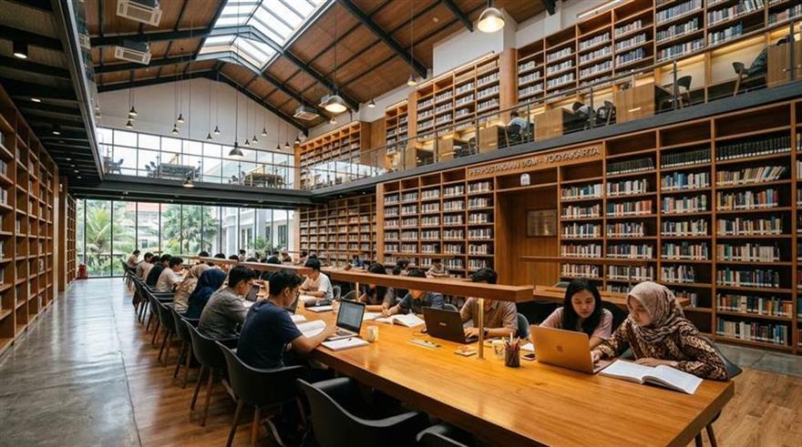 Ruang baca perpustakaan modern dengan meja studi mandiri berpartisi dan fasilitas Wi-Fi gratis di Semarang
